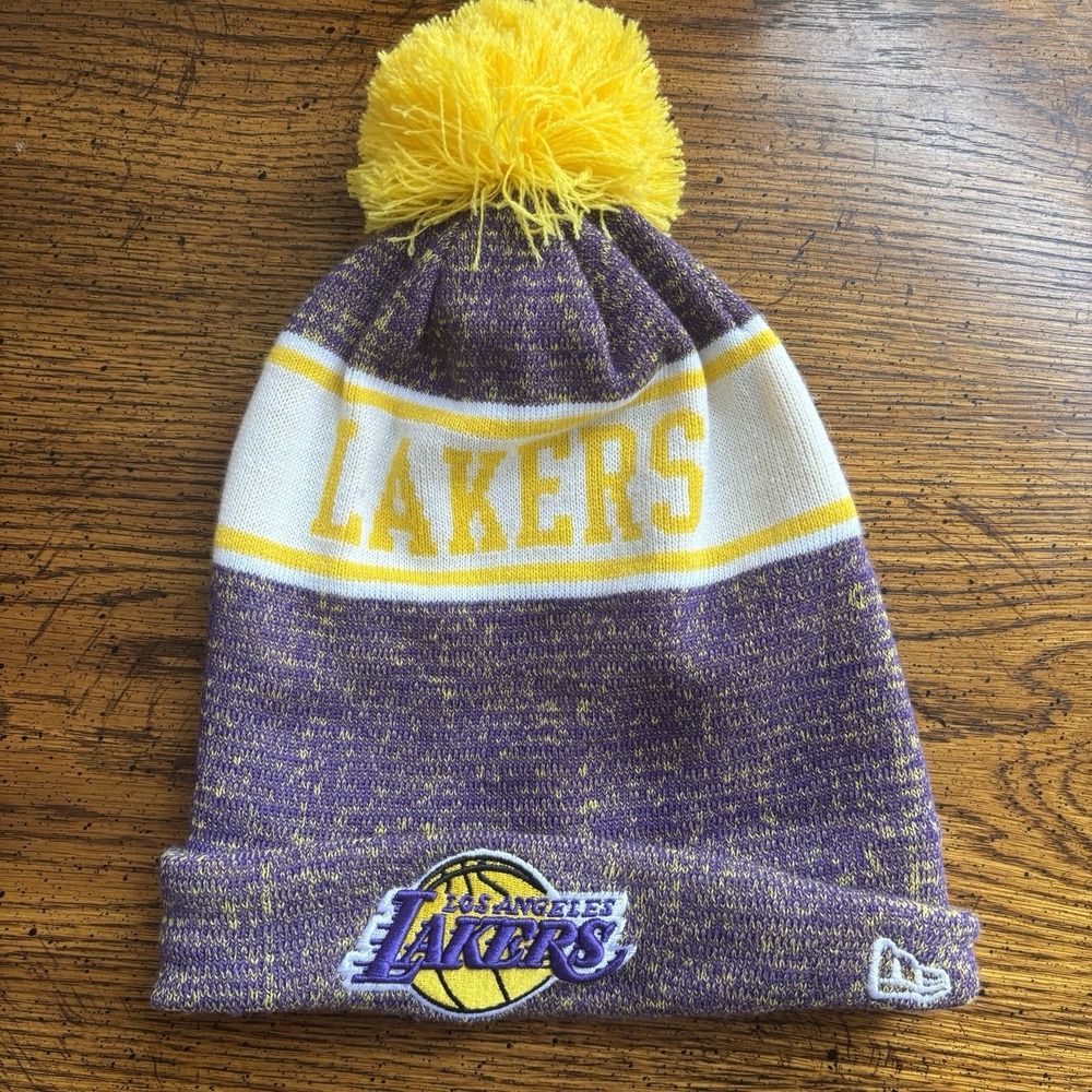 Los Angeles Lakers Beanie New Era Sport One Size Knit Hat Wool Blend Purple Gold - Picture 3 of 8